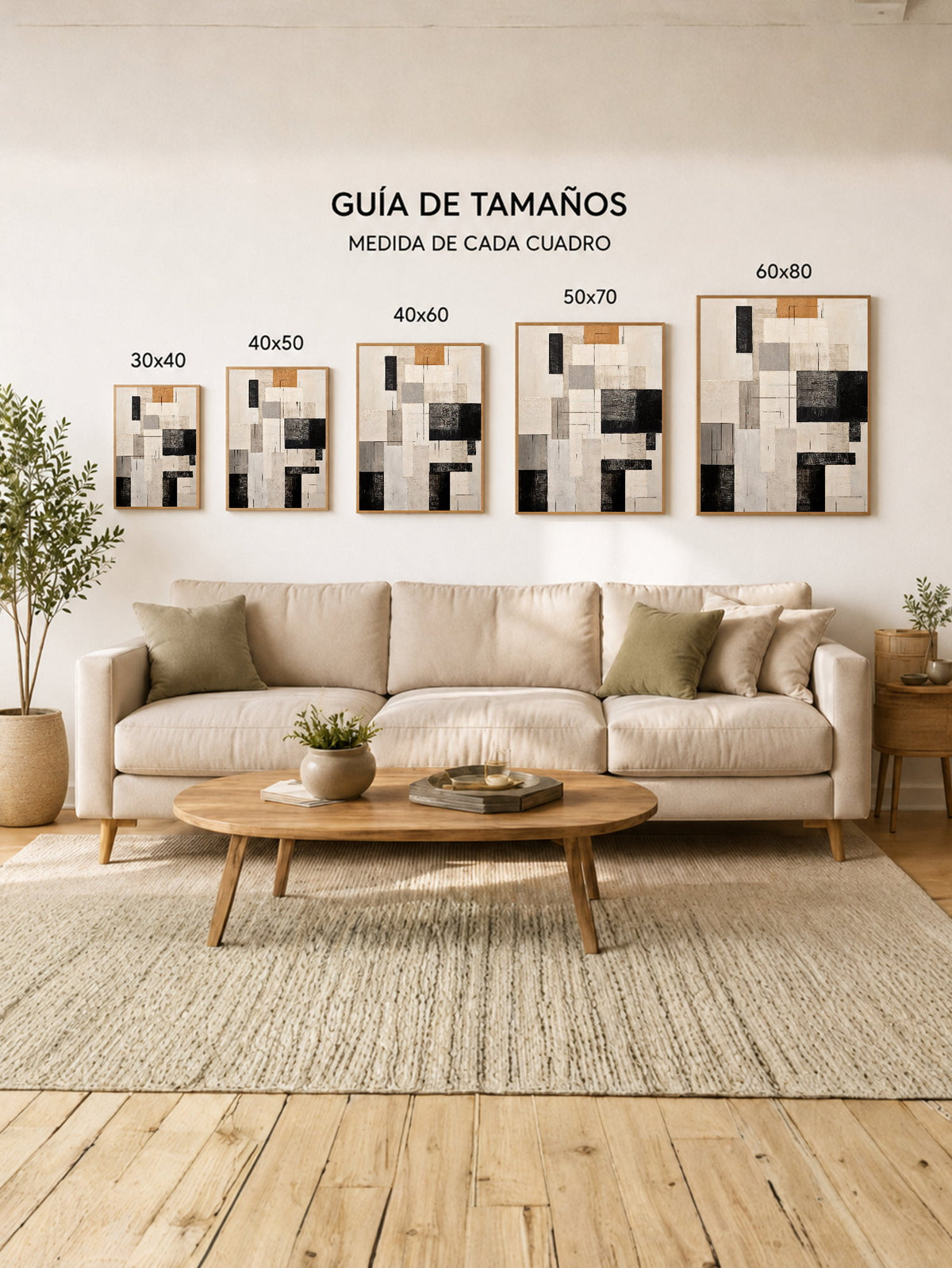 Cuadro Decorativo Abstracto, Bloques Grilla Beige Negro