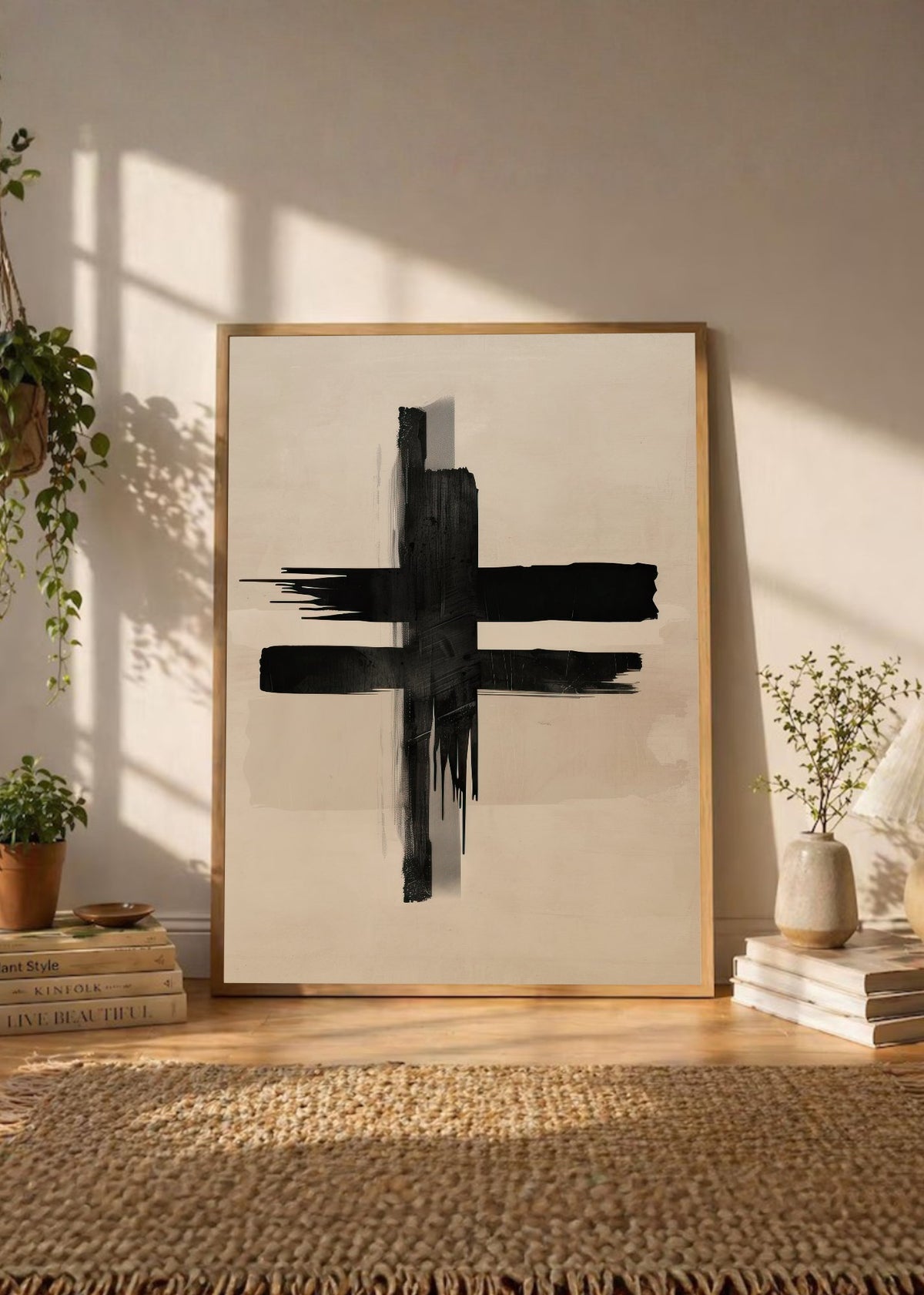 Cuadro Decorativo Abstracto, Cruz Negra Crema