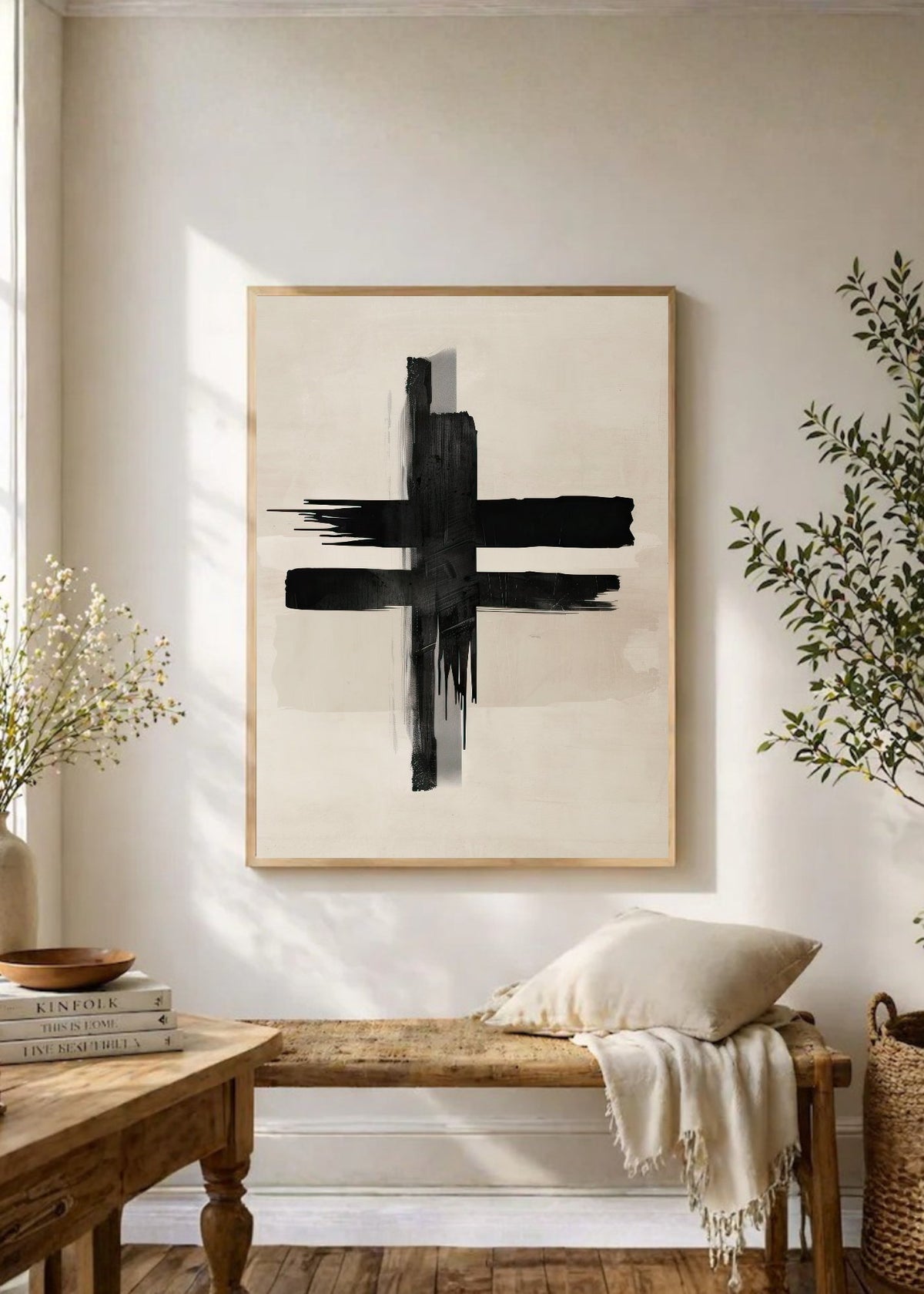 Cuadro Decorativo Abstracto, Cruz Negra Crema