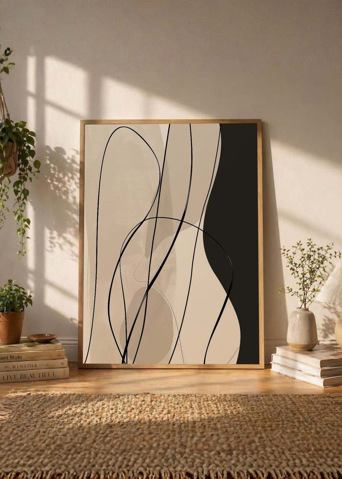 Cuadro Decorativo Abstracto, Curvas Finas Beige