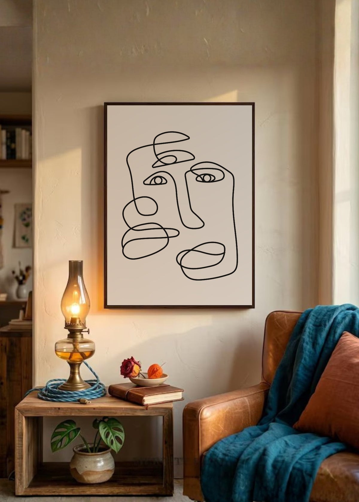 Cuadro Decorativo Abstracto, Dos Rostros Línea Continua