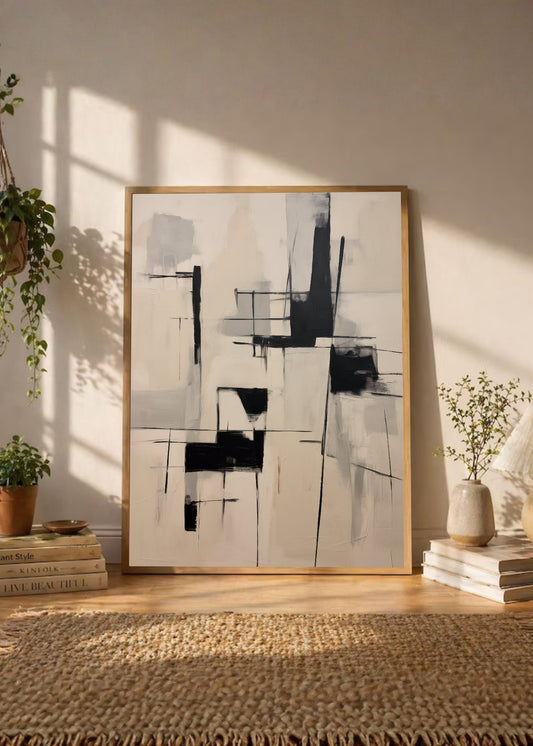 Cuadro Decorativo Abstracto, Geométrico Blanco Negro