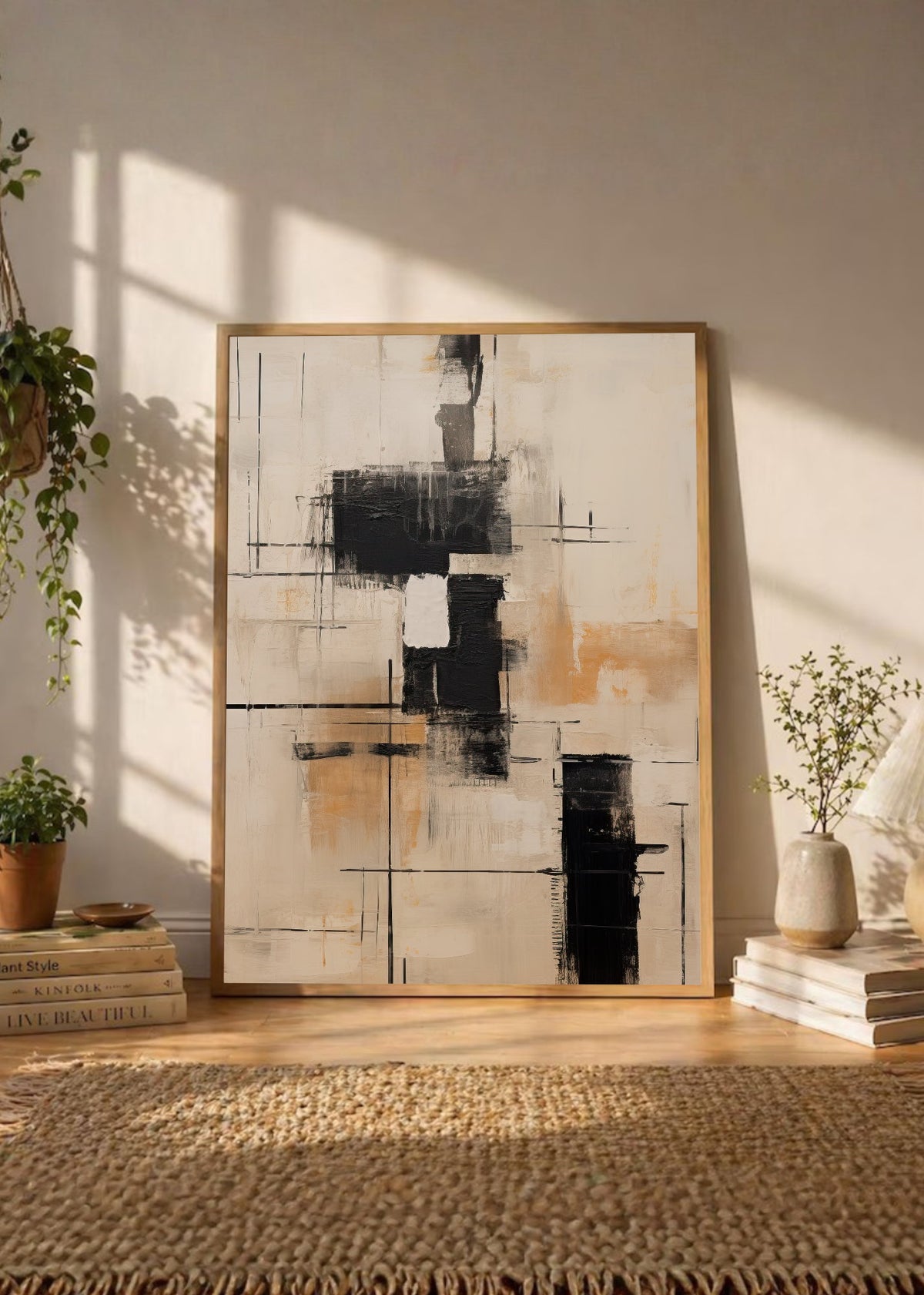 Cuadro Decorativo Abstracto, Grilla Ocre Negro