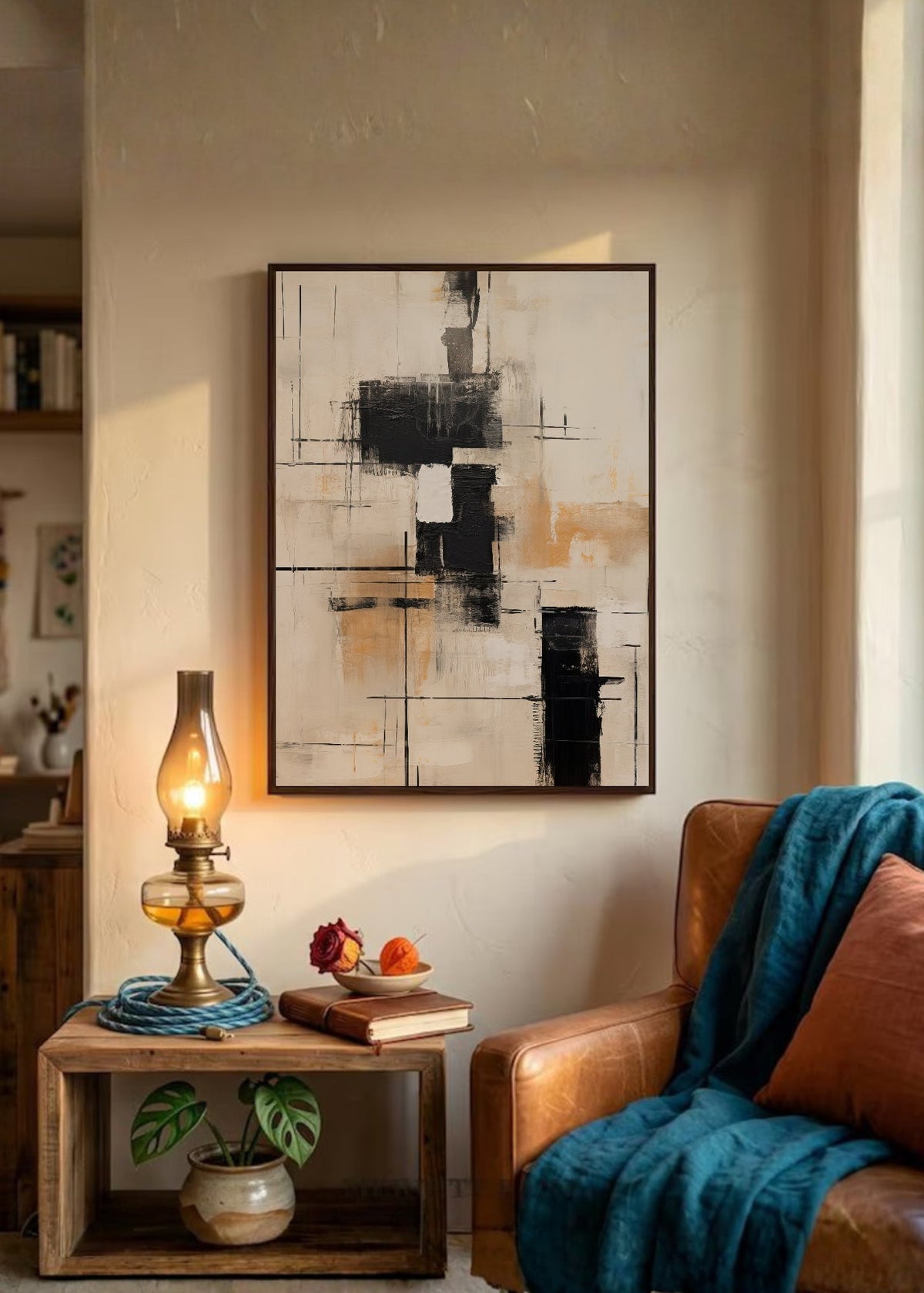 Cuadro Decorativo Abstracto, Grilla Ocre Negro