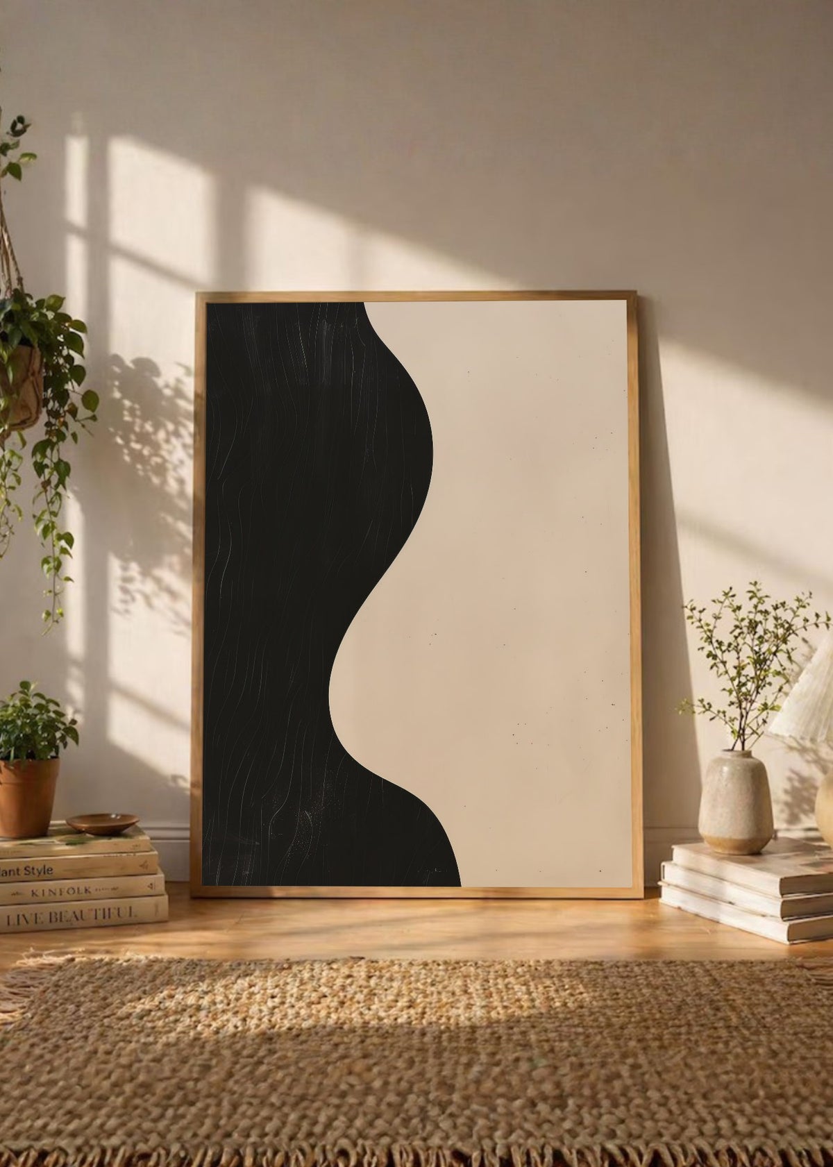 Cuadro Decorativo Abstracto, Onda Negra Crema