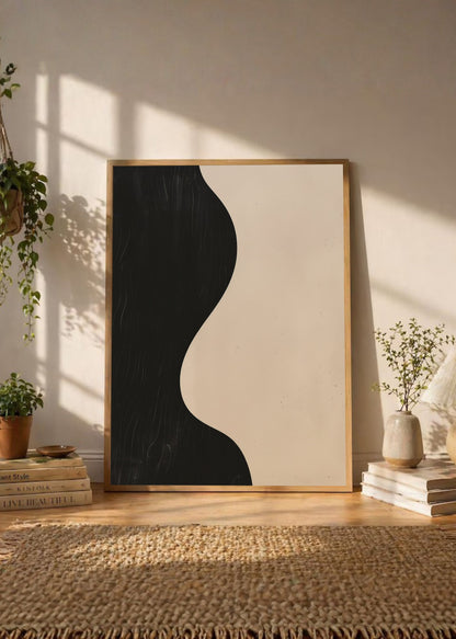 Cuadro Decorativo Abstracto, Onda Negra Crema