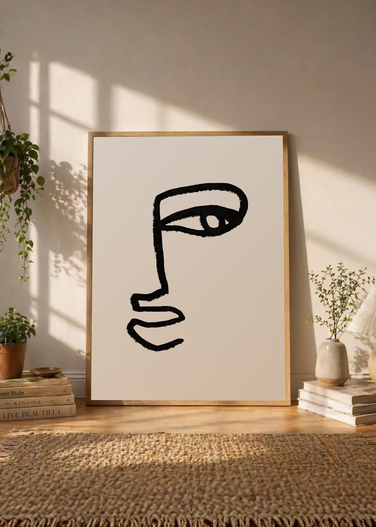 Cuadro Decorativo Abstracto, Rostro Línea Blanco Negro