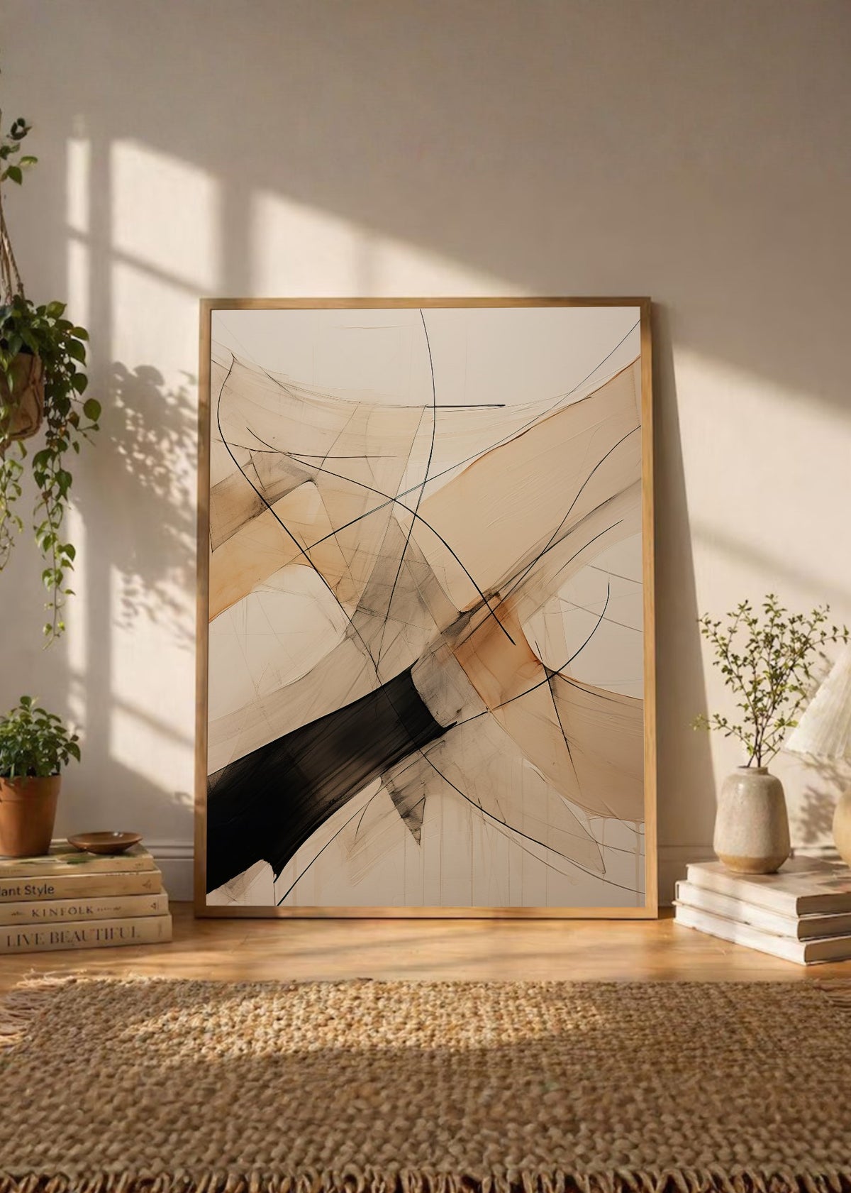 Cuadro Decorativo Abstracto, Trazos Cruzados Beige