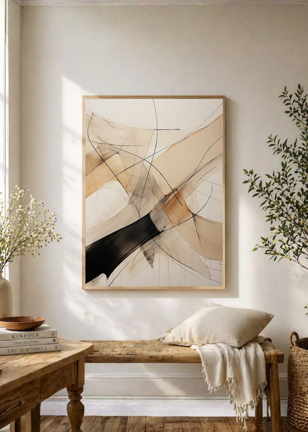 Cuadro Decorativo Abstracto, Trazos Cruzados Beige