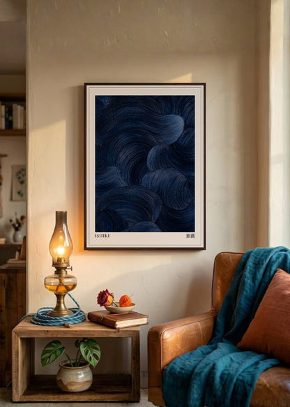 Cuadro Decorativo Japandi, Abstracto de Nubes Azul Noche, Ishiki