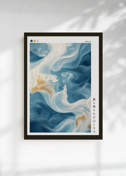 Cuadro Decorativo Japandi, Arte Fluido Azul y Crema, Michi