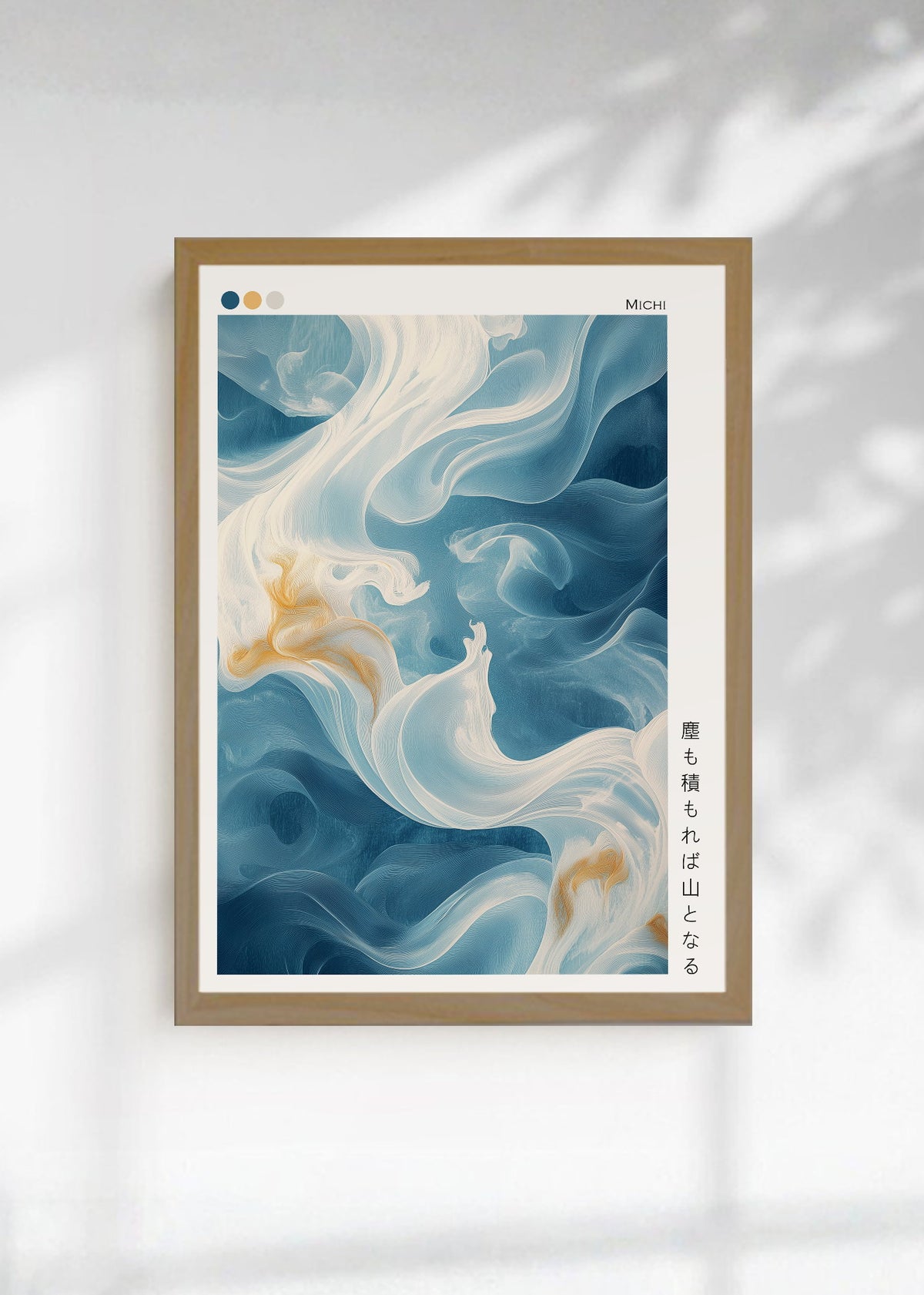 Cuadro Decorativo Japandi, Arte Fluido Azul y Crema, Michi