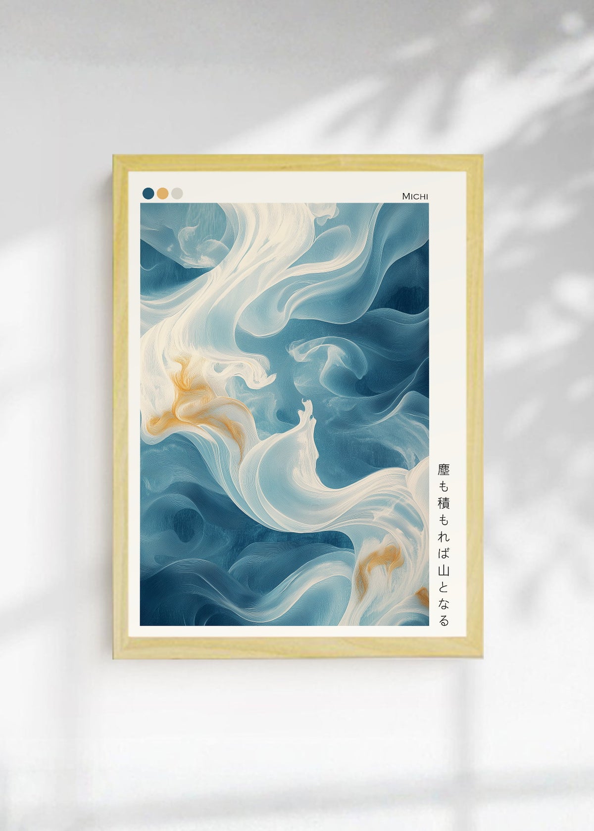 Cuadro Decorativo Japandi, Arte Fluido Azul y Crema, Michi