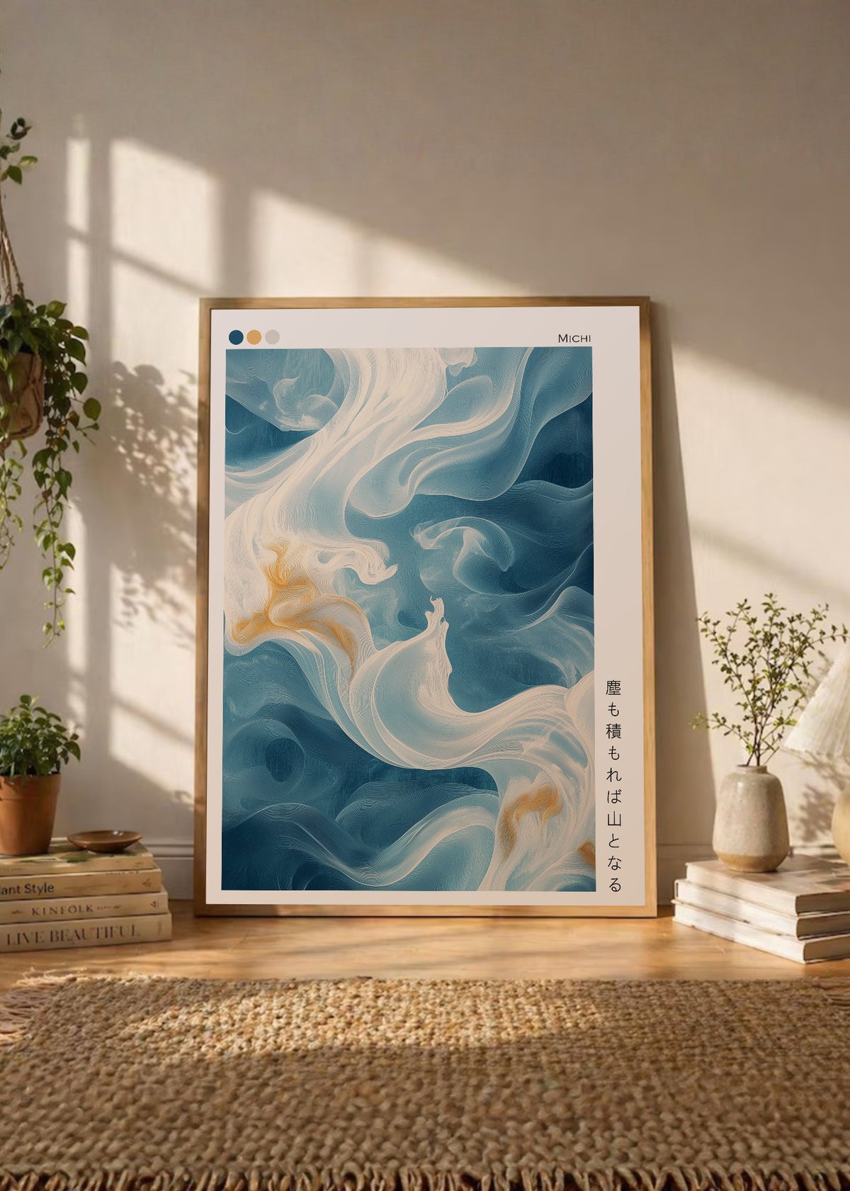 Cuadro Decorativo Japandi, Arte Fluido Azul y Crema, Michi