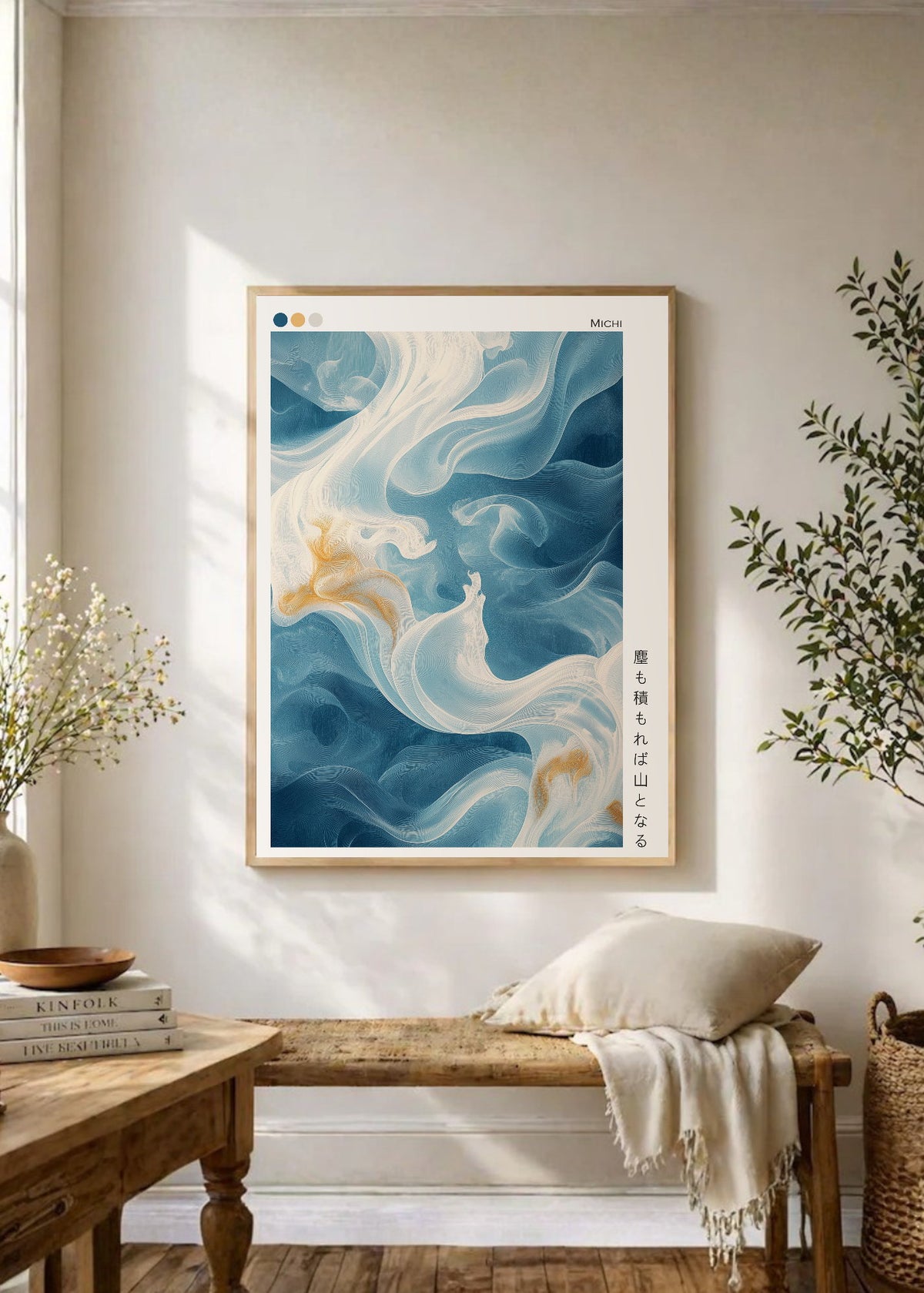 Cuadro Decorativo Japandi, Arte Fluido Azul y Crema, Michi
