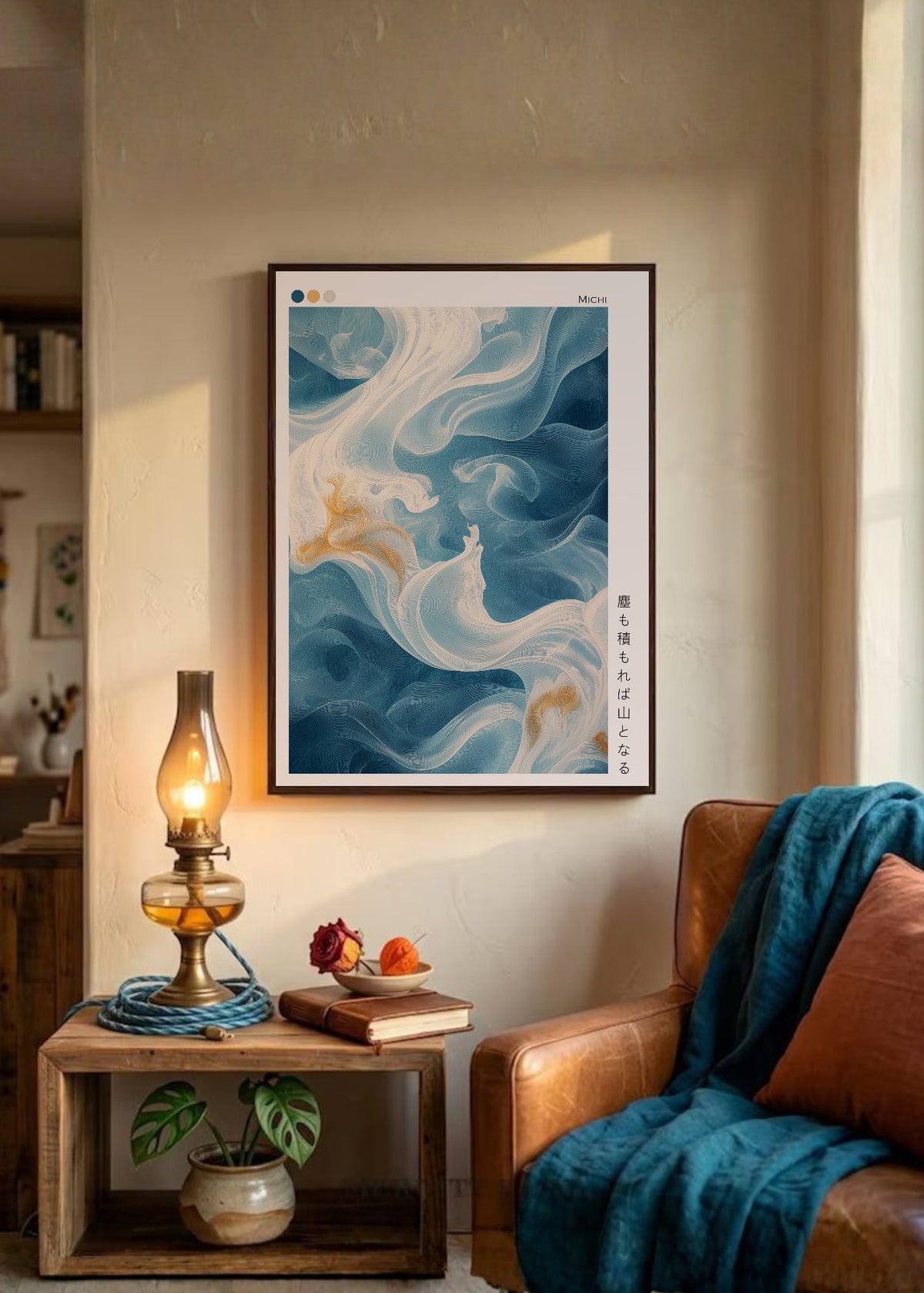Cuadro Decorativo Japandi, Arte Fluido Azul y Crema, Michi