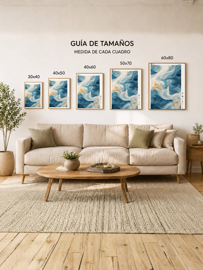 Cuadro Decorativo Japandi, Arte Fluido Azul y Crema, Michi