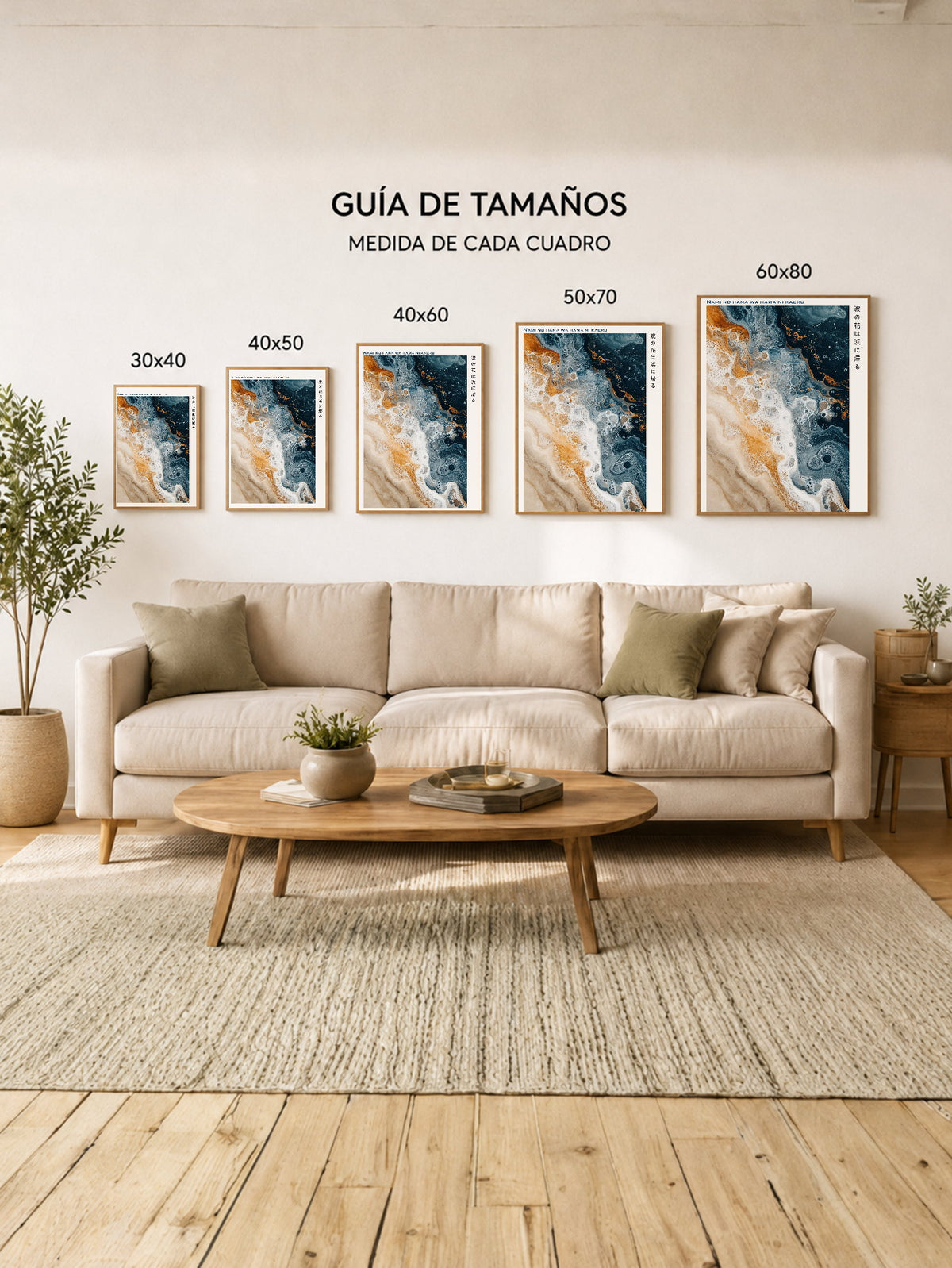 Cuadro Decorativo Japandi, Arte Fluido Beige y Azul