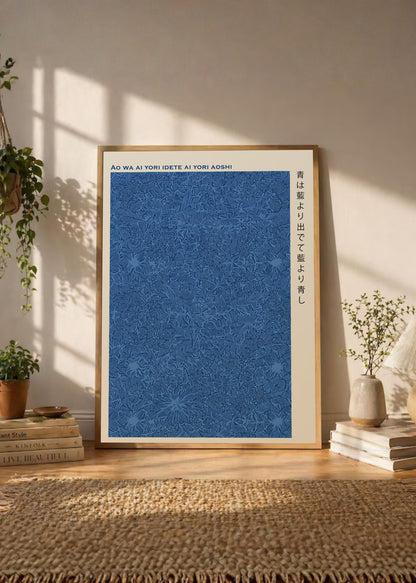 Cuadro Decorativo Japandi, Floral Japonés Azul Índigo