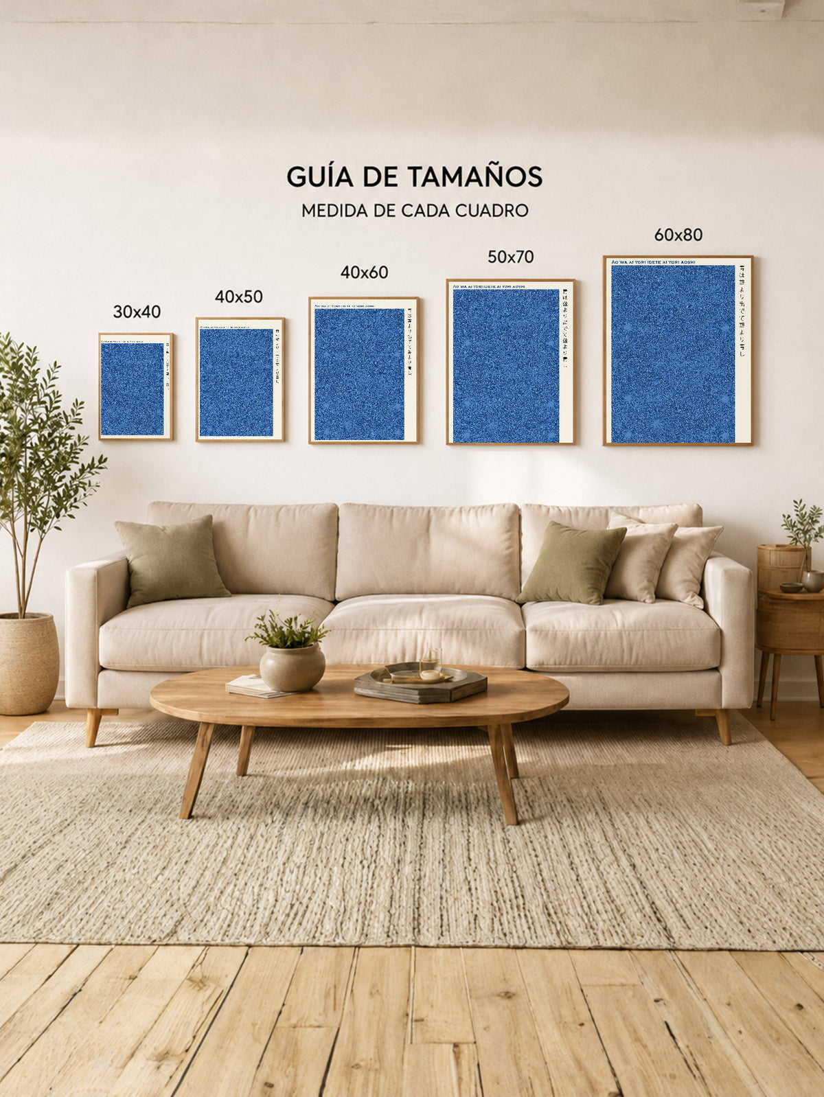 Cuadro Decorativo Japandi, Floral Japonés Azul Índigo