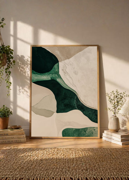 Cuadro Decorativo Japandi, Formas Orgánicas Verde y Crema