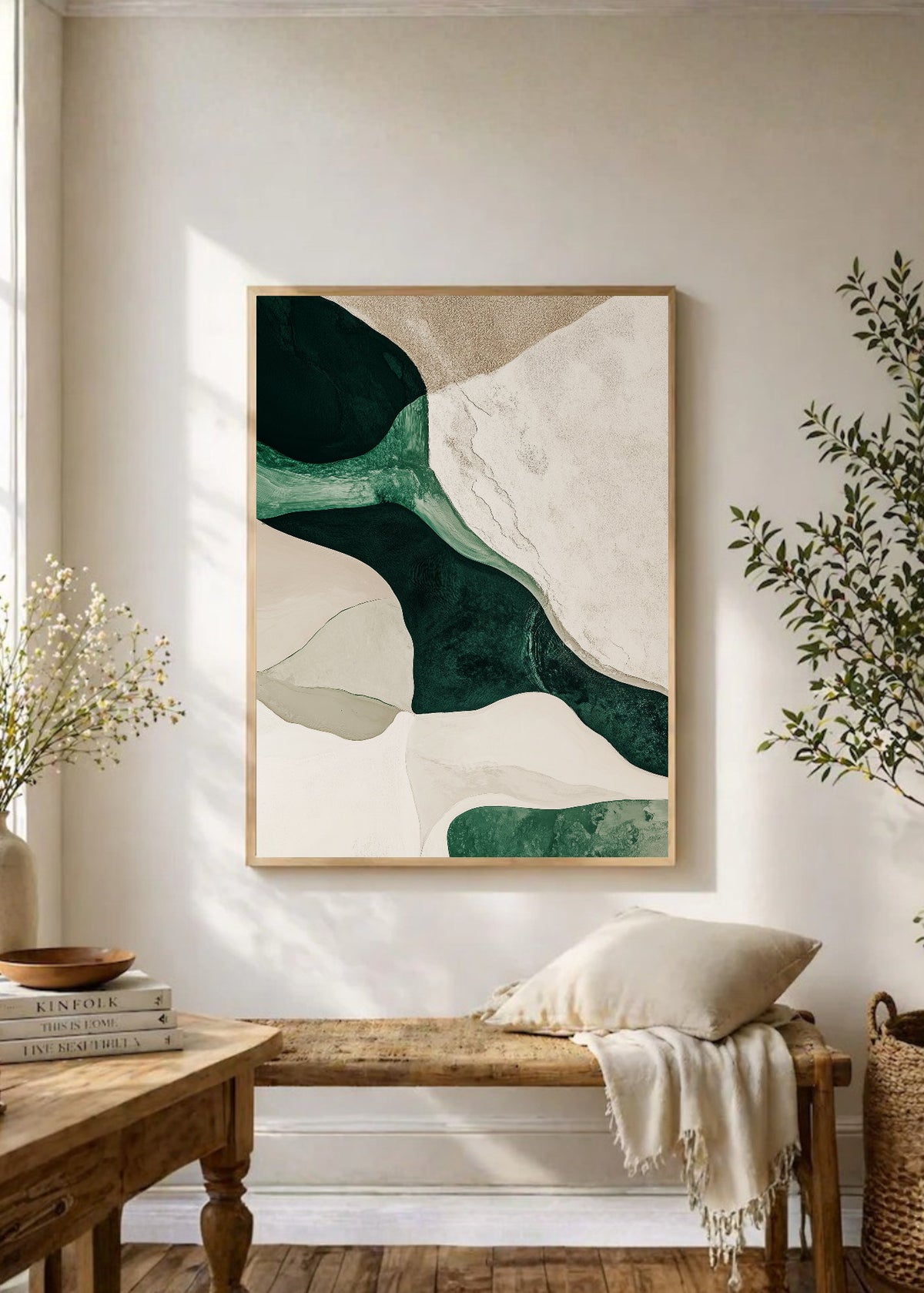Cuadro Decorativo Japandi, Formas Orgánicas Verde y Crema