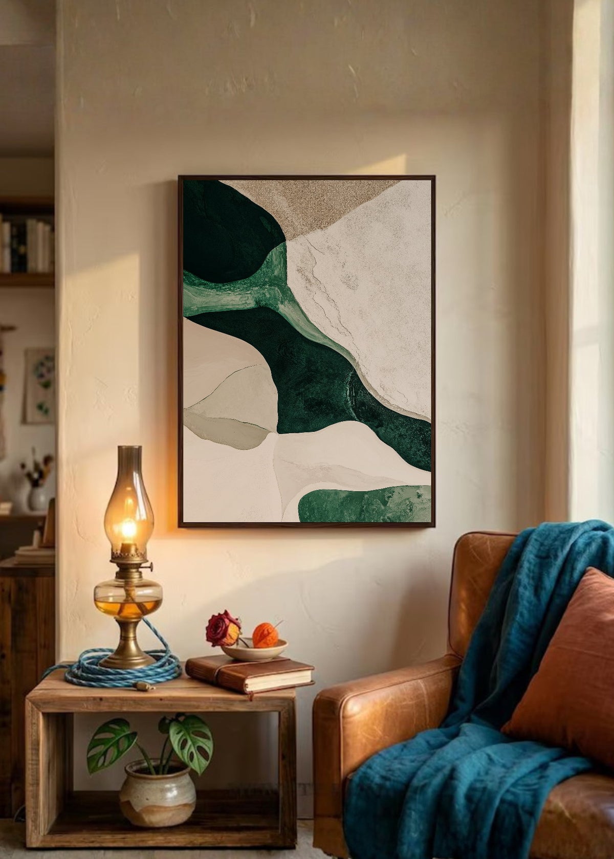 Cuadro Decorativo Japandi, Formas Orgánicas Verde y Crema