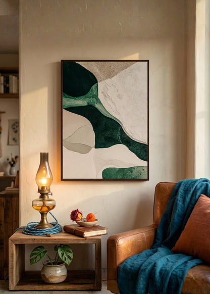 Cuadro Decorativo Japandi, Formas Orgánicas Verde y Crema