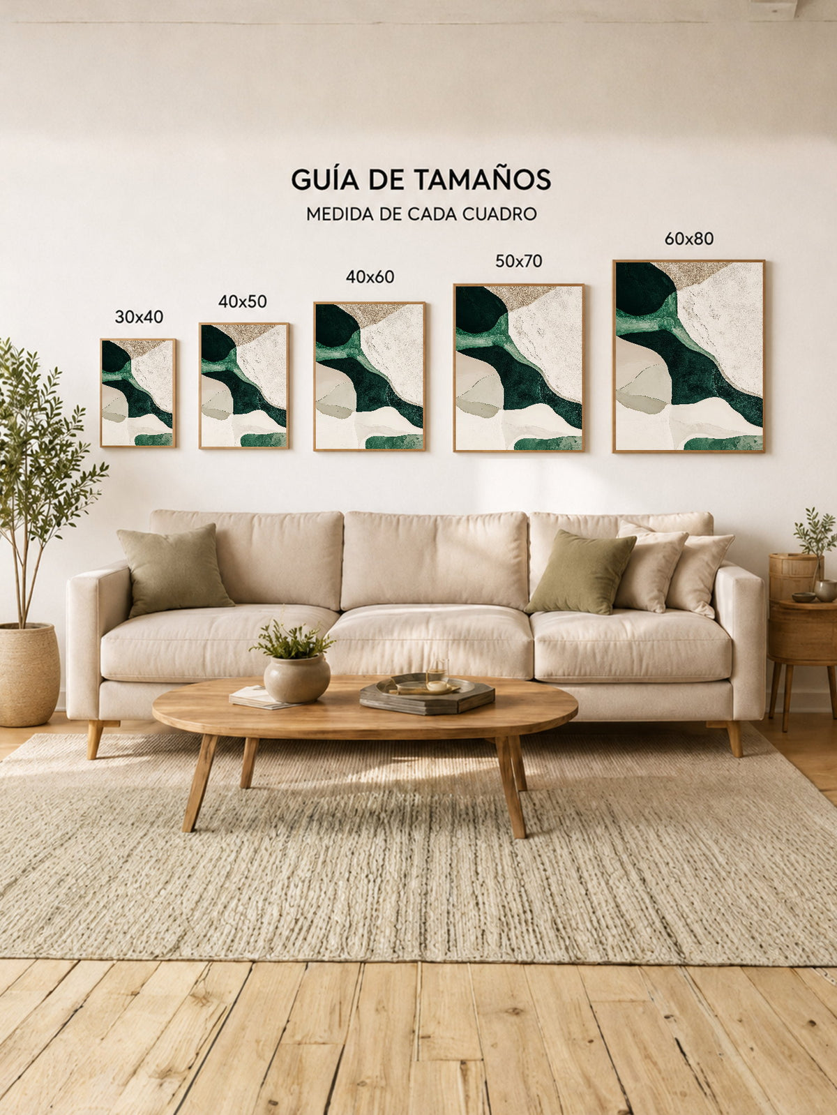 Cuadro Decorativo Japandi, Formas Orgánicas Verde y Crema