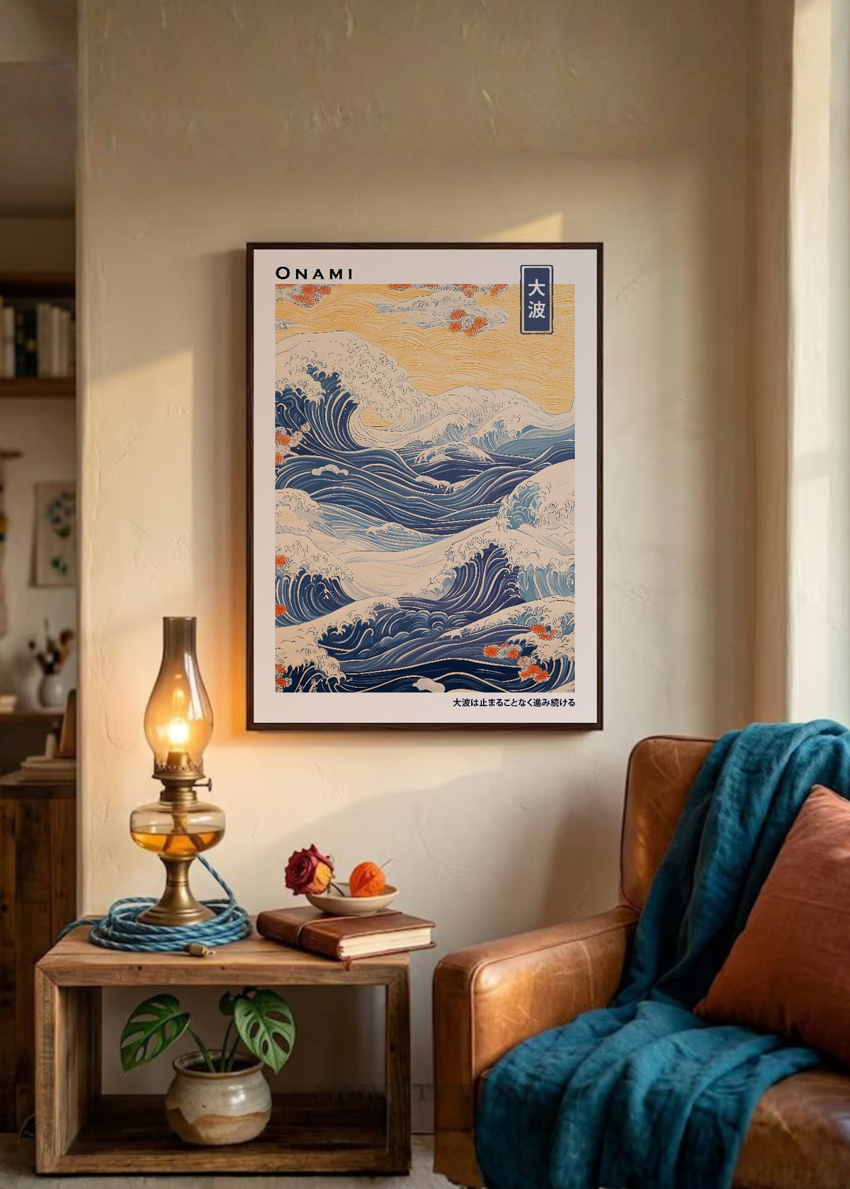 Cuadro Decorativo Japandi, Gran Ola Ukiyo-e Azul, Onami