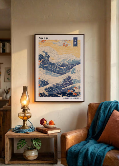 Cuadro Decorativo Japandi, Gran Ola Ukiyo-e Azul, Onami