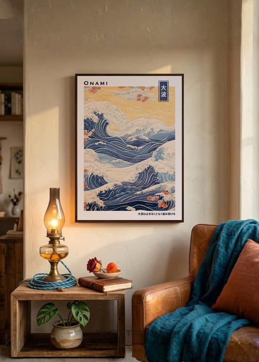 Cuadro Decorativo Japandi, Gran Ola Ukiyo-e Azul, Onami