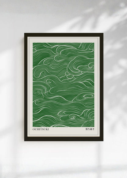 Cuadro Decorativo Japandi, Líneas Onduladas Verde, Ochitsuki