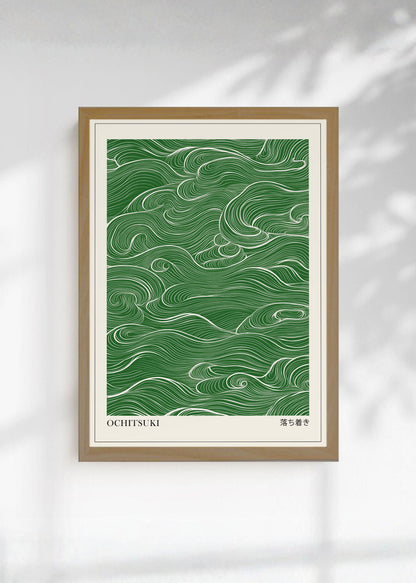 Cuadro Decorativo Japandi, Líneas Onduladas Verde, Ochitsuki