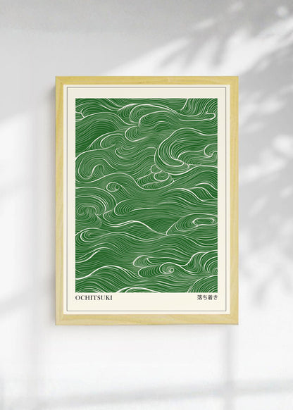 Cuadro Decorativo Japandi, Líneas Onduladas Verde, Ochitsuki