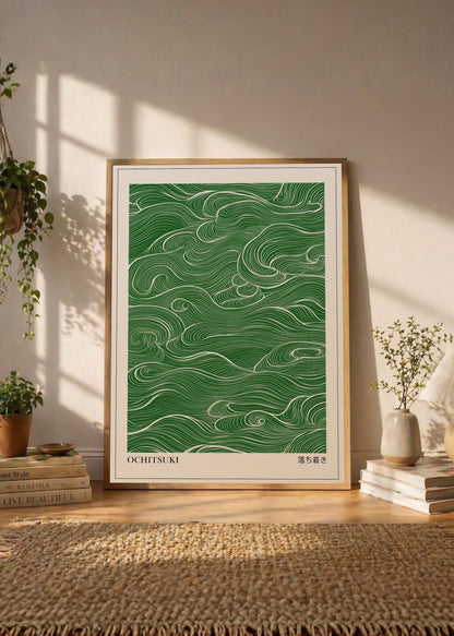 Cuadro Decorativo Japandi, Líneas Onduladas Verde, Ochitsuki