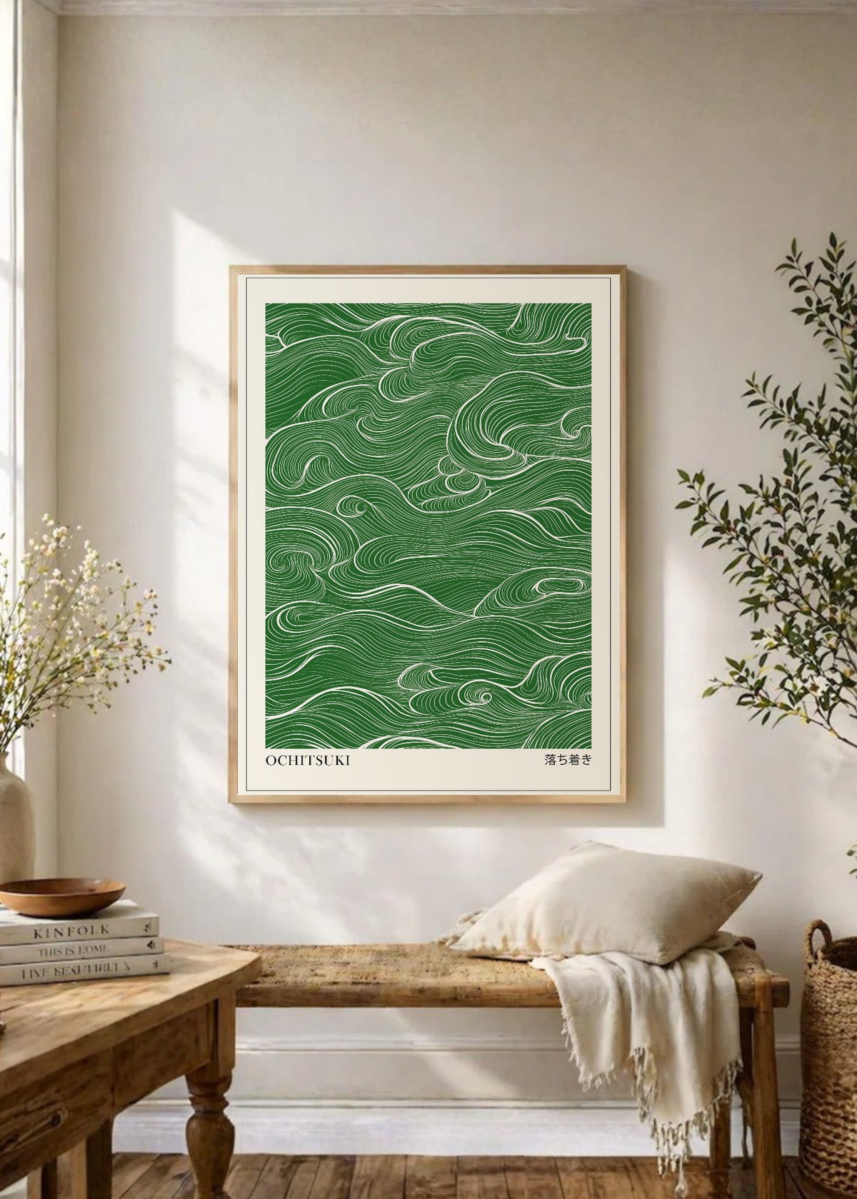 Cuadro Decorativo Japandi, Líneas Onduladas Verde, Ochitsuki