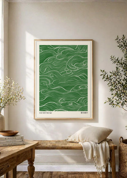 Cuadro Decorativo Japandi, Líneas Onduladas Verde, Ochitsuki