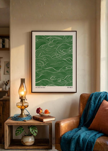 Cuadro Decorativo Japandi, Líneas Onduladas Verde, Ochitsuki