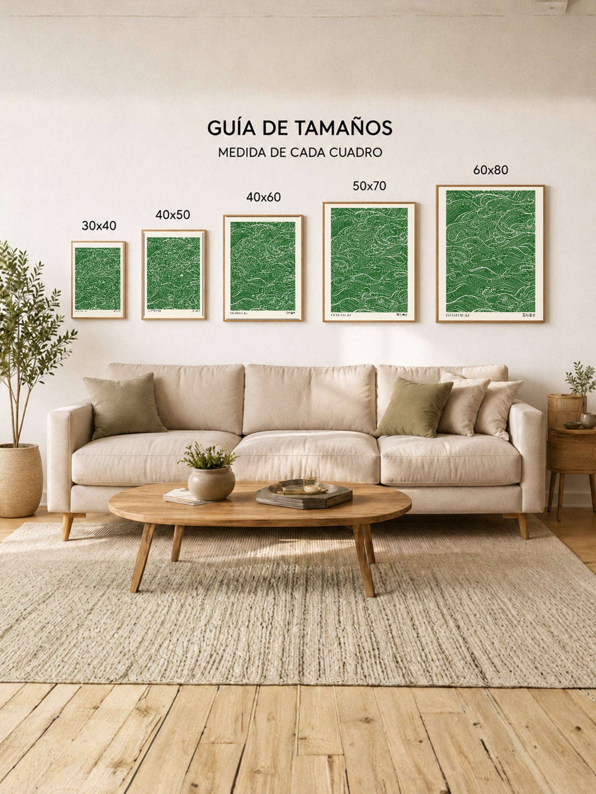 Cuadro Decorativo Japandi, Líneas Onduladas Verde, Ochitsuki