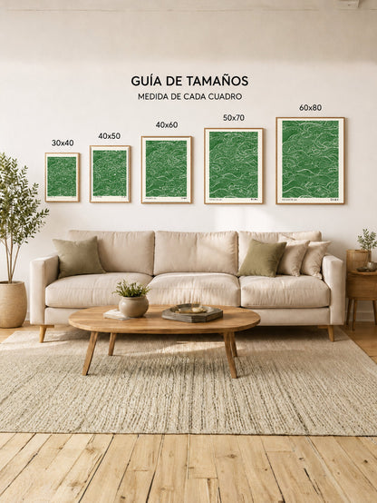 Cuadro Decorativo Japandi, Líneas Onduladas Verde, Ochitsuki