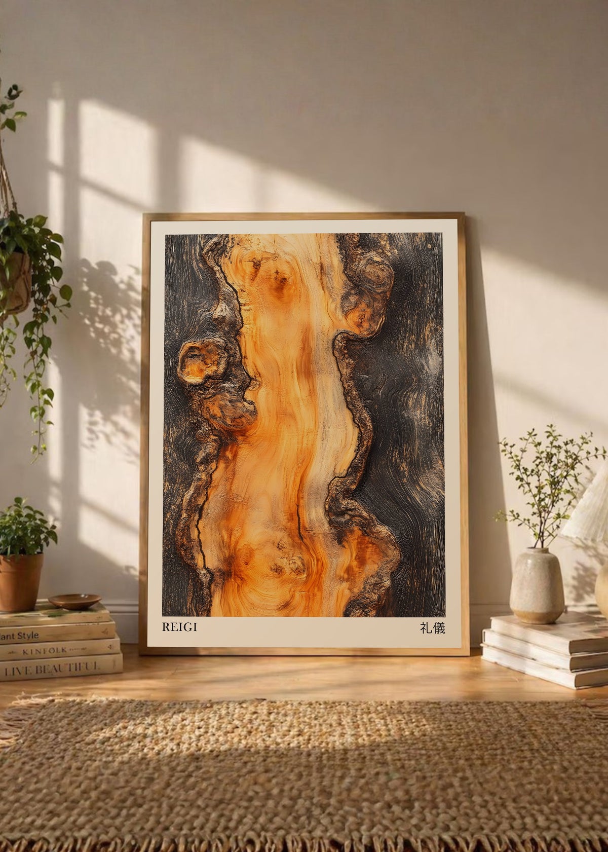 Cuadro Decorativo Japandi, Madera Quemada Ámbar y Negro, Reigi