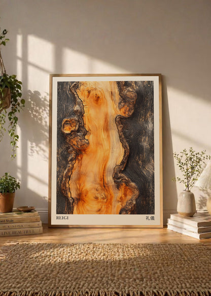 Cuadro Decorativo Japandi, Madera Quemada Ámbar y Negro, Reigi