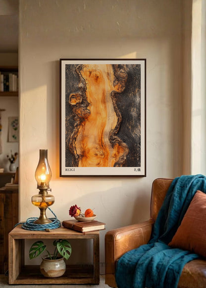 Cuadro Decorativo Japandi, Madera Quemada Ámbar y Negro, Reigi
