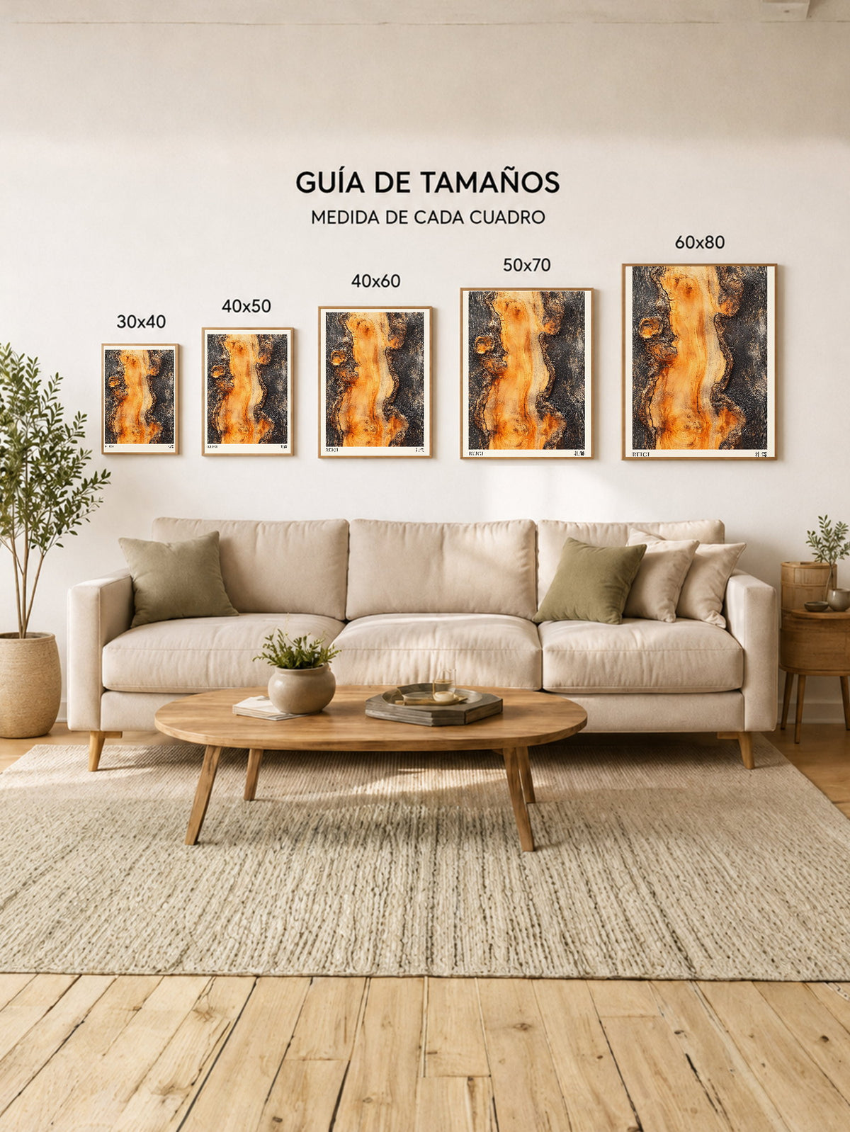 Cuadro Decorativo Japandi, Madera Quemada Ámbar y Negro, Reigi