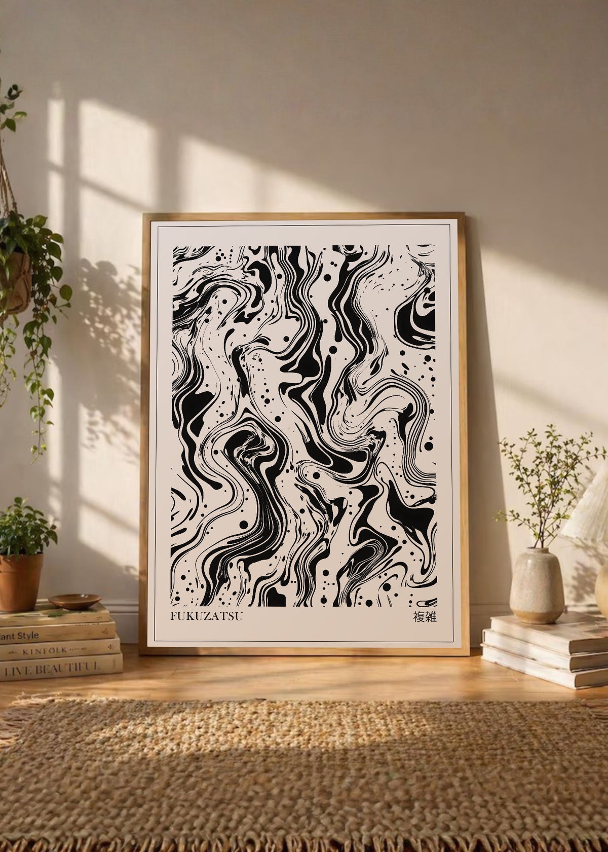 Cuadro Decorativo Japandi, Mármol Abstracto Blanco y Negro, Fukuzatsu