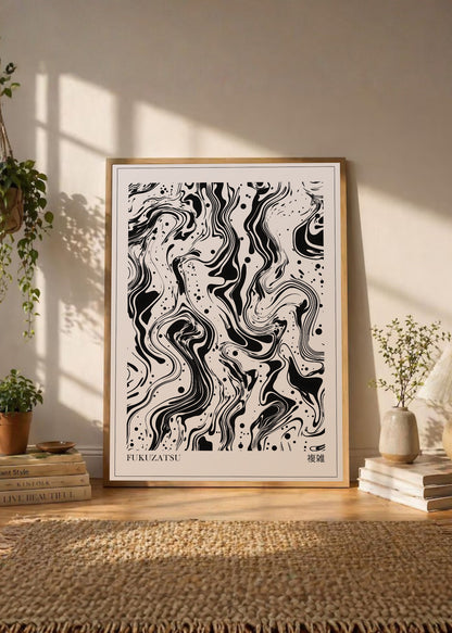 Cuadro Decorativo Japandi, Mármol Abstracto Blanco y Negro, Fukuzatsu