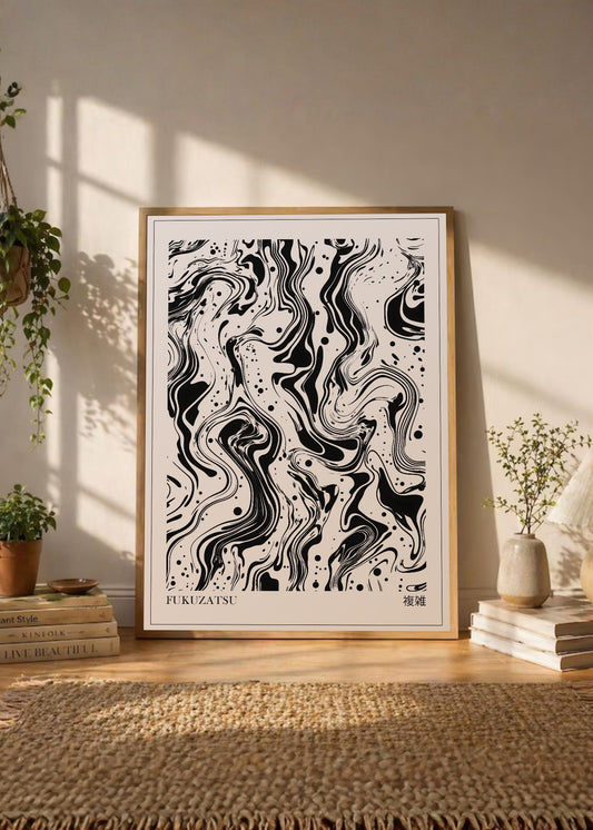Cuadro Decorativo Japandi, Mármol Abstracto Blanco y Negro, Fukuzatsu