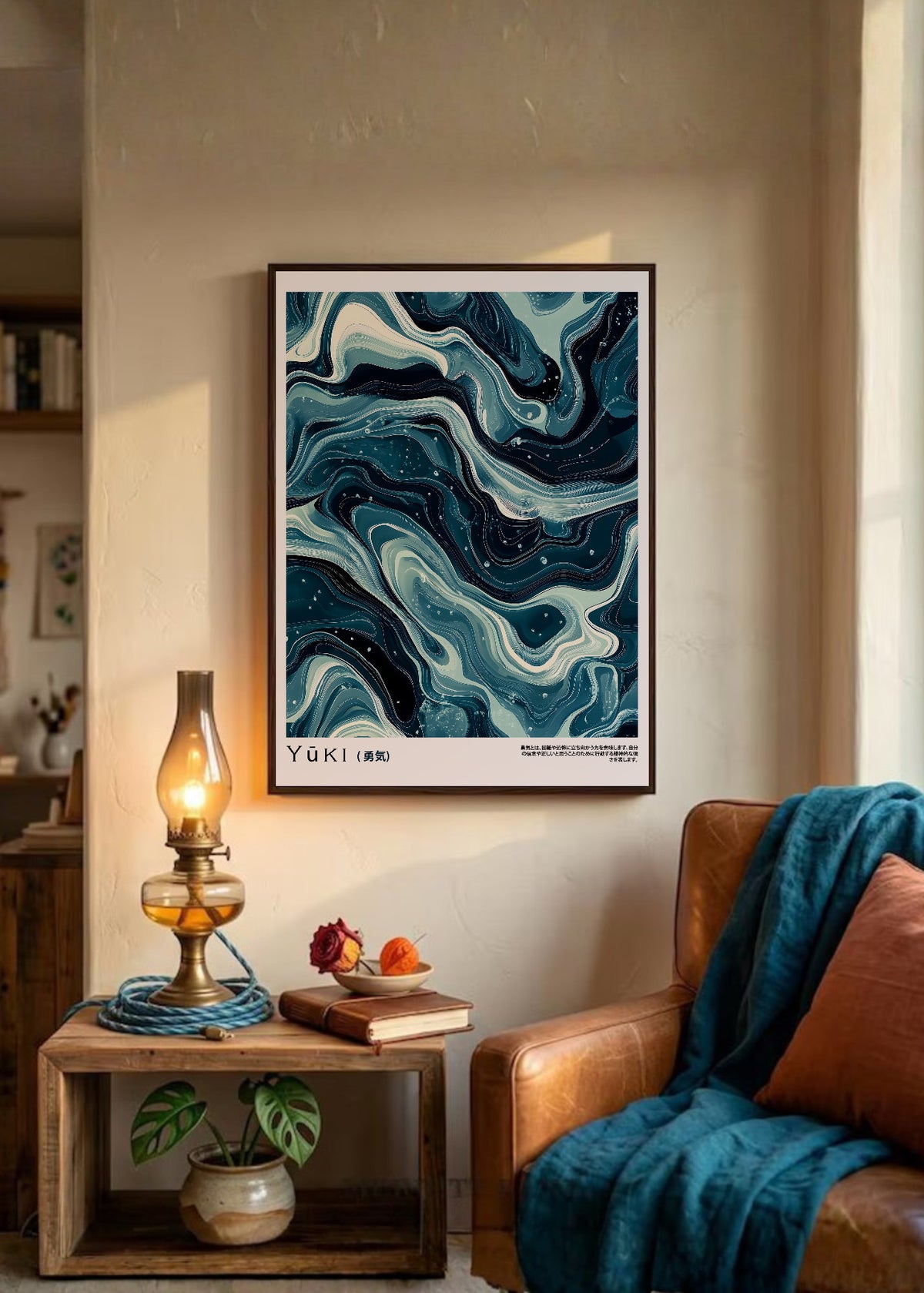 Cuadro Decorativo Japandi, Mármol Azul Petróleo, Yuki