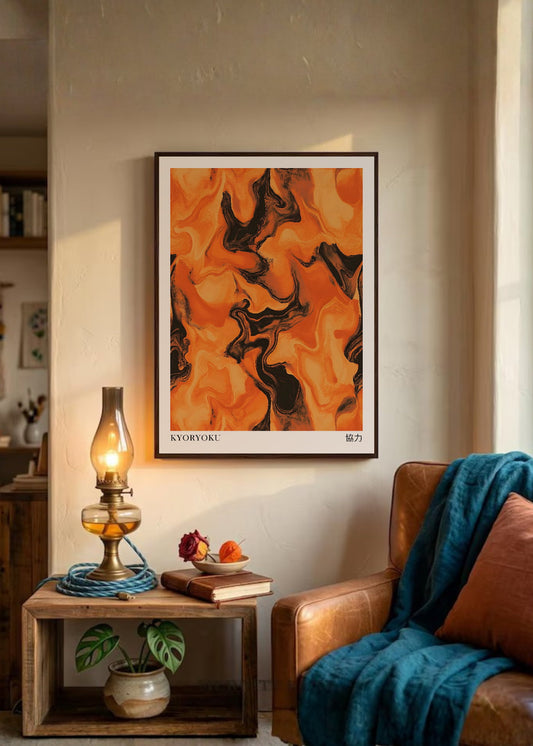 Cuadro Decorativo Japandi, Mármol Naranja y Negro, Kyoryoku